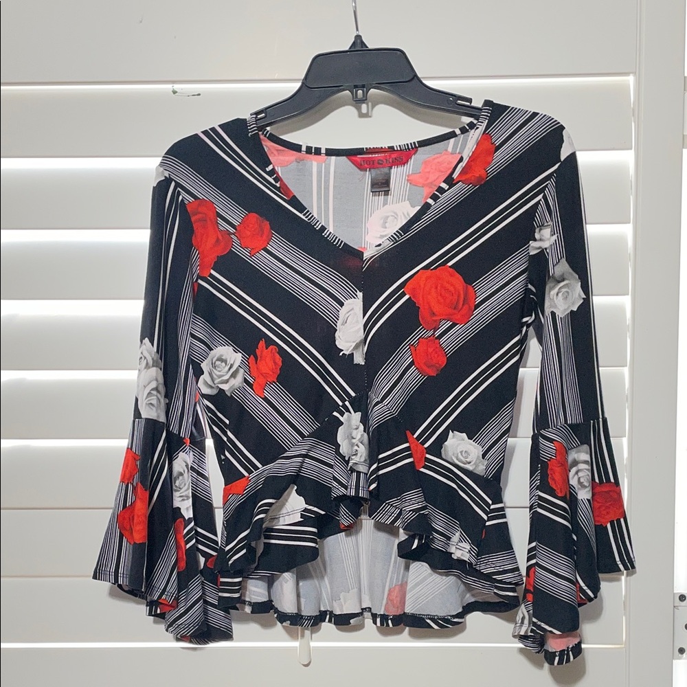 Vibrant Black Blouse with Red and White Floral Stripes